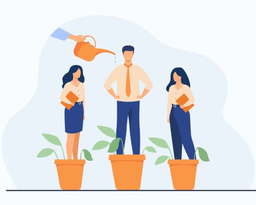Employer growing business professionals metaphor. Hand watering plants and employees in flowerpots. Vector illustration for growth, development, career training concept